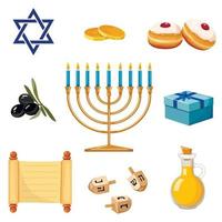 Chanukka-Set. sammlung bunter chanukka-karikatursymbole mit menorah, dreidels, münzen, öl, geschenk, sufganiyot lokalisiert auf weißem hintergrund vektor