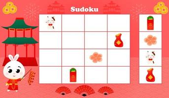 Sudoku-Spiel für Kinder mit süßem Kaninchen in traditioneller chinesischer Tracht und Feuerwerkskörpern, logisches Arbeitsblatt vektor