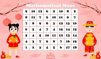 matematiska labyrint för barn med söt flicka innehav mandarin och pojke innehav göt på rosa bakgrund vektor