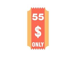 nur 55-Dollar-Coupon-Schild oder Etikett oder Rabatt-Gutschein-Sparetikett, mit Coupon-Vektorillustration Sommerangebot endet am Wochenende vektor