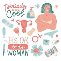 Menstruations-Self-Care-Artikel-Set. Elemente Kit der weiblichen Periode, Menstruationsblut, Gebärmutter, Gebärmutter, Schwangerschaftstest, Höschen, Damenbinde, Tampon, wiederverwendbarer Becher, Blumen. farbige flache Vektorgrafiken vektor