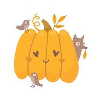 süße kürbisse verliebt in vögel und fuchs. süßes Bild für Halloween oder Thanksgiving. Herbstdruckkonzept. Vektor flache handgezeichnete Illustration isoliert auf weißem Hintergrund.