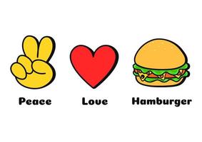 fred, kärlek, hamburgare begrepp skriva ut för t-shirt.vector tecknad serie klotter linje grafisk illustration logotyp design. fred tecken, hjärta, hamburgare skriva ut för affisch, t-shirt, logotyp begrepp vektor