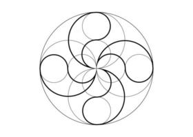 mystische Glücksblume, vierblättriges Kleeblatt-Symbol, heilige Geometrie, runde Logo-Tätowierung im Kunststil der schwarzen Linie, geometrischer Schnittpunkt von Kreisen, Vektorgrafik einzeln auf weißem Hintergrund