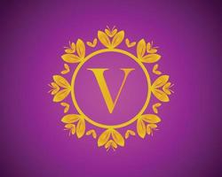 Alphabet V Luxus-Logo-Design mit goldener Farbabstufung und Blattgoldkreis, geeignet für Baden, Hotel, Schönheit und Pflege. vor einem violetten Samthintergrund. vektor