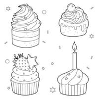 Reihe von Umriss-Cupcakes mit Sahne und Beeren. Schwarz-Weiß-Illustration für Kinder Malbuch, Design-Elemente vektor