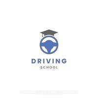 körning lektion logotyp, körning skola logotyp, styrning hjul kombinera med gradering hatt logotyp begrepp vektor