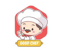 niedliche chef-logo-maskottchen-zeichentrickfigur. leute, essen, symbol, begriff, freigestellt, auf, white. vektor