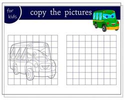 Kopieren Sie das Bild, Lernspiele für Kinder, Cartoon-Schulbus. Vektor isoliert auf weißem Hintergrund.