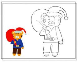 ein Malbuch für Kinder, ein Cartoon-Tiger im Weihnachtskostüm und mit einer Tüte voller Geschenke. Vektor isoliert auf weißem Hintergrund