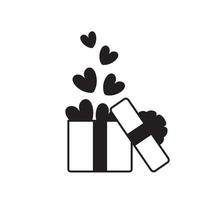 svart och vit gåva låda ikon. öppen gåva med konfetti hjärtan. vektor illustration för hjärtans dag, födelsedag fest, inbjudan, congratulation