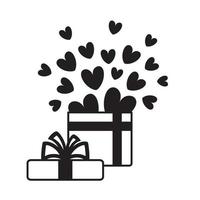 Geschenkbox-Symbol. offenes geschenk mit konfettiherzen. lineares schwarz-weißes Design. vektorillustration für valentinstag, geburtstagsfeier, einladung, glückwunsch vektor