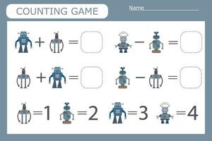 på vilket sätt många räkning spel med färgrik robotar. förskola arbetsblad, barn aktivitet ark, tryckbar kalkylblad vektor