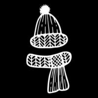 stickad doodle halsduk och mössa. handritad illustration med svart liner i linjekonststil. skapande av design för nytt år, vinter, jul vektor