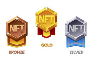 nft award badge för spelresurser i olika metaller. guld-, silver- och bronsmärke. kryptovaluta, framtidens nft-token internetvaluta. vektor