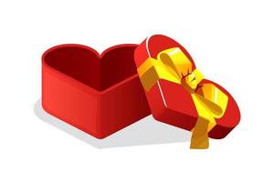 öppen röd hjärta form gåva låda för spel. vektor illustration tömma låda med rosett grafisk element.
