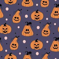 Lycklig halloween . sömlös mönster för halloween. orange pumpor med ansikten på en lila bakgrund. Pumpalykta. vektor illustration