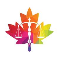 Maple Leaf Law Logo Vektor mit gerichtlichem Gleichgewicht symbolisch für Gerechtigkeitsskala in einer Stiftspitze. Kanadische Blattbalance mit Federvektorschablonendesign.