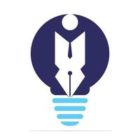 Glödlampa lampa penna med mänsklig tecken logotyp design mall. mänsklig karaktär och penna logotyp. vektor