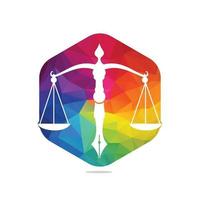 lag logotyp vektor med rättslig balans symbolisk av rättvisa skala i en penna spets. logotyp vektor för lag, domstol, rättvisa tjänster och företag.