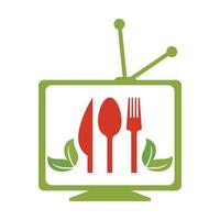 friska mat kanal logotyp mall design. kulinariska mat med tv vektor design.