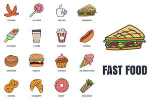 Satz von Fast-Food-Symbol-Logo-Vektor-Illustration. eis, popcorn, donut, kekse, zimt, hotdog, teetasse und mehr paketsymbolvorlage für grafik- und webdesignsammlung vektor