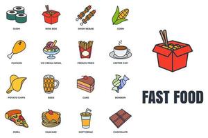 uppsättning av snabb mat ikon logotyp vektor illustration. choklad bar, mjuk dryck, kaffe kopp, wok låda, sushi, pannkaka, bonbon och Mer packa symbol mall för grafisk och webb design samling