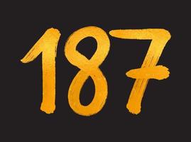 187 siffra logotyp vektor illustration, 187 år årsdag firande vektor mall, 187:e födelsedag, guld text tal borsta teckning hand dragen skiss, siffra logotyp design för skriva ut, t skjorta