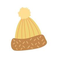 brun stickat hatt med stor fluffig pompom. hand dragen höst vinter- tillbehör. vektor illustration isolerat på vit bakgrund.