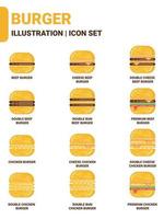 satz von hamburger-fast-food-illustrationen und symbolsymbolen für lebensmittel und getränke isoliert vektor