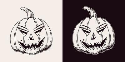halloween pumpa med Lycklig flin leende, skrämmande grimas. stiliserade som kvinna ansikte. traditionell domkraft o lykta. svartvit vektor illustration isolerat på en vit, svart bakgrund.