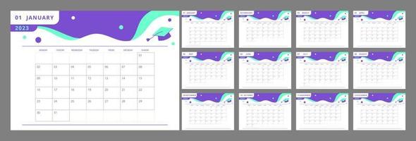 universitet inlärning program skrivbord kalender design mall för 2023 år. redigerbar 12 månader sidor uppsättning. vecka börjar på söndag. en gång i månaden beställnings- schema packa redo för skriva ut vektor