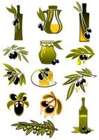 Olivenölflaschen mit Ästen und Oliven vektor