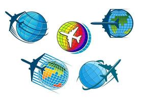 flugzeug- und flugreisenikonen mit globus vektor