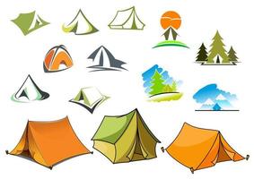 camping symboler med tält och natur vektor