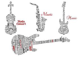 wortwolken und noten in form von gitarren, geige, saxophon vektor