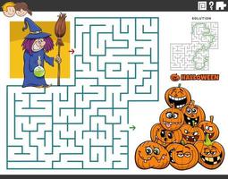 Labyrinth mit Cartoon-Hexe und Kürbissen zur Halloween-Zeit vektor