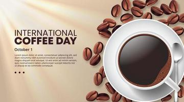internationell kaffe dag bakgrund med en kopp av kaffe och kaffe bönor vektor