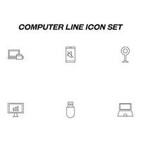 Computer-Line-Icon-Set mit dünner Linie gezeichnet. Vektorumrisssymbole für Online-Zahlung, stiller Modus, Webkamera, Fortschrittsbalken, Compact-Flash-Karte, moderner Laptop vektor