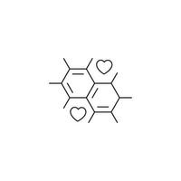 Romantik- und Liebeskonzept. Umrisszeichen im flachen Stil gezeichnet. Liniensymbol von Herzen innerhalb einer chemischen Verbindung als Symbol für chemische Reaktionen, die zu Gefühlen führen vektor