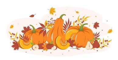 Kartendesign mit bunten Herbstblättern, Kürbis und Früchten. Frohes Thanksgiving. vektorillustration für feiertagsgrußkarte, fahne, plakat. vektor