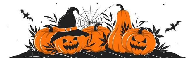 Fröhliches Halloween. Banner mit Kürbissen, Spinnweben, Spinne und einer Fledermaus. vektorillustration für feiertagsplakat, grußkarte, partyeinladung. vektor