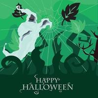 halloween landskap med spöklik figur och kyrkogård vektor