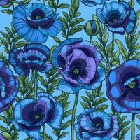 Veilchenblaue Mohnblumen nahtloses Vektormuster, Blumen, Blätter und Stängel vektor