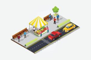 isometrisk gata mat Kafé tält med upptagen hoppers på de trottoar. lämplig för diagram, infografik, och Övrig grafisk tillgång vektor