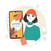 höst försäljning rabatt. kvinna i en hatt och en scarf innehav en smartphone. försäljning annons på smartphone. vektor stock illustration isolerat på vit bakgrund.