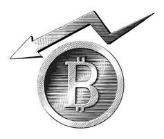 Bitcoin-Symbol mit Down-Trand-Handzeichnung im Vintage-Gravurstil vektor
