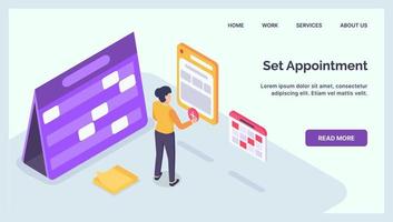 uppsättning ett utnämning för företag professionell med kalender och datum tid för hemsida landning hemsida med isometrisk stil vektor