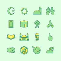 islamic ikon uppsättning samling paket med olika form och dubbel tona stil och grön tema vektor