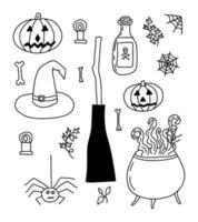 hand gezeichneter halloween-gekritzelelementsatz. kürbis, spinne, trankflasche, hexenhut, besen und knochenskizze vektor